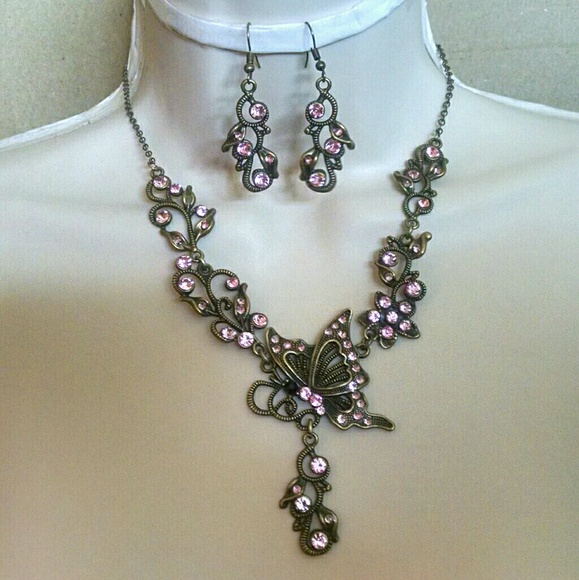 Rhinestones 2 pc butterfly necklace & earrings set